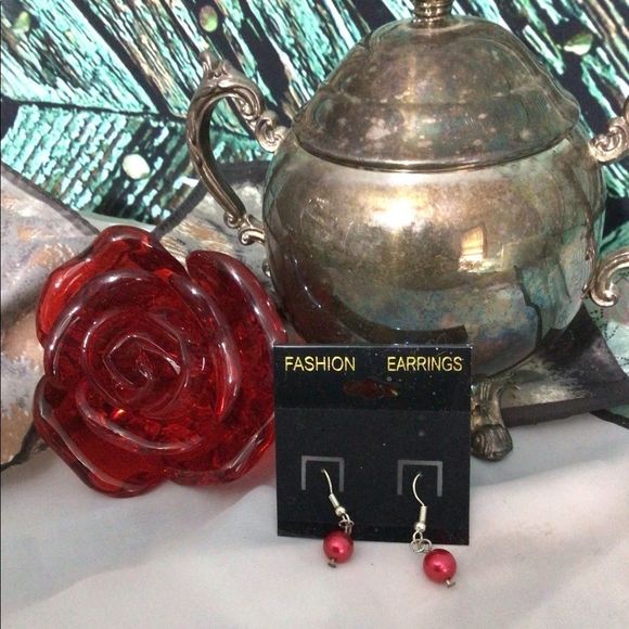 Vintage Wire Pierced Earring Small Red Dangle Earrings Round Bead - Picture 3 of 9